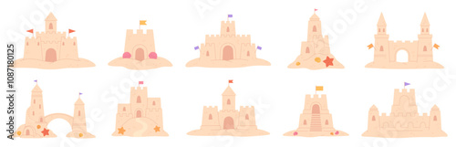 Cartoon sand castles. Children build castle on sea beach. Kids seaside buildings, sandy palaces on coast with towers and flags, racy vector clipart