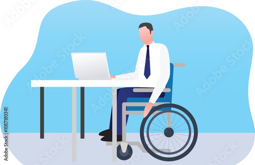 Disable employee with disability in wheelchair employee sitting in wheelchair with laptop and manager with disability suited person working in laptop.Accessibility and equal opportunities for workers.