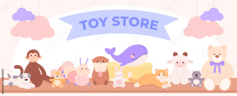 Toy store banner. Different plush toys sitting on shelf. Funny children friends, textile bunny bear sheep dog monkey. Decorative racy vector background Toy store banner. Different plush toys sitting on shelf. Funny children friends, textile bunny bear sheep dog monkey. Decorative racy vector background