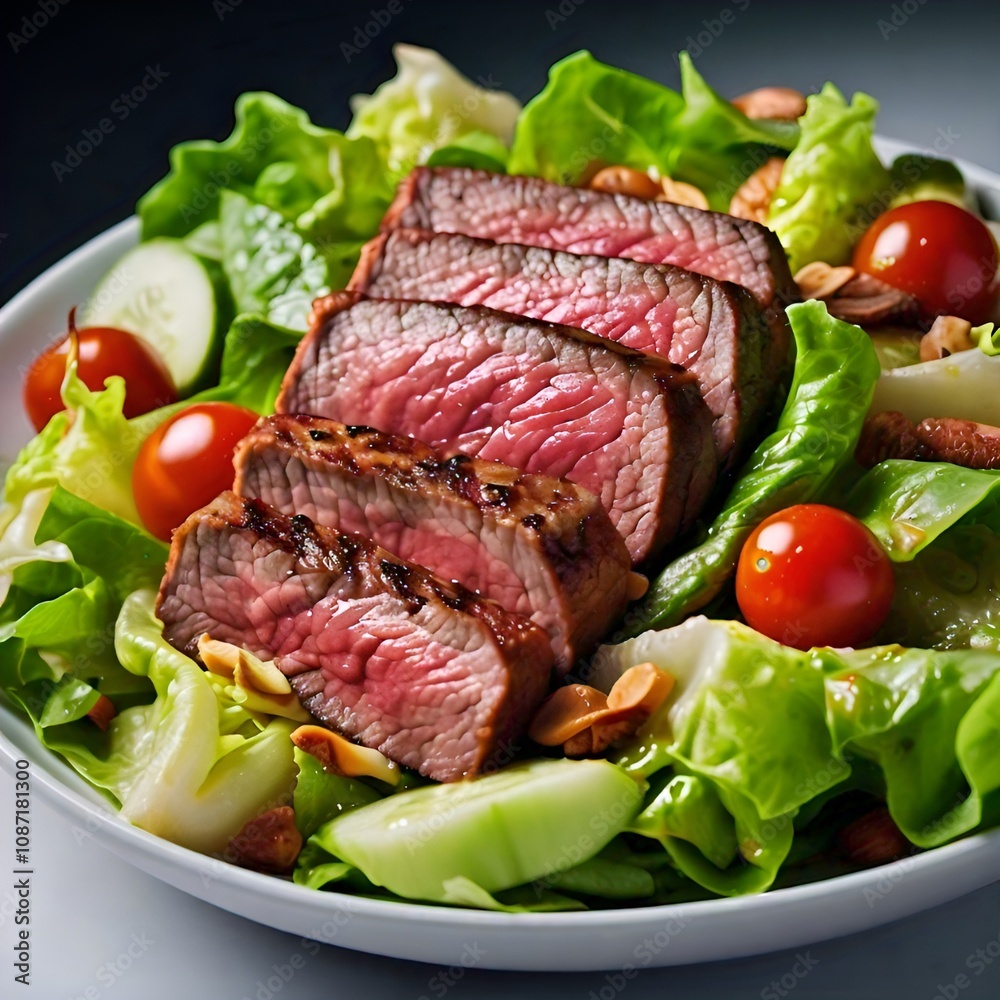 A delicious steak salad with grilled steak fresh vegetables and crispy nuts A delicious steak salad with grilled steak fresh vegetables and crispy nuts