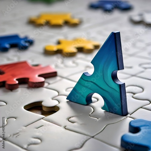 A puzzle piece shaped like the arch linux logo stands out among other puzzle pieces photo