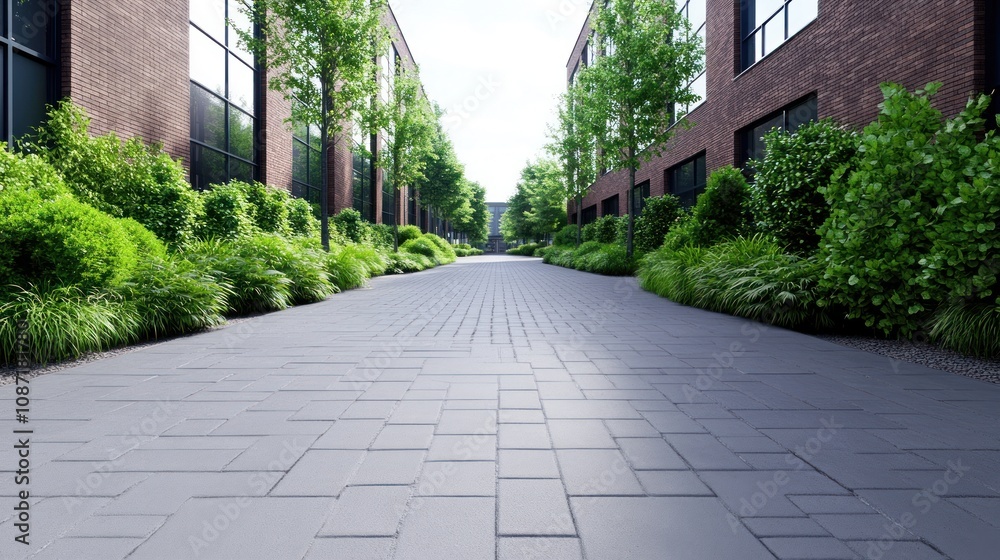 Fototapeta premium Modern pathway lined with greenery and brick buildings.