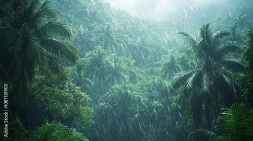 Morning Rain in the Jungle, tranquil scene of a lush rainforest, soft colors, peaceful ambiance, evoking the serenity of nature's beauty