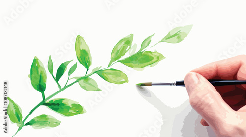 Close-Up Human Hand Painting Plant-Shaped Leaf, Creative Artwork Concept