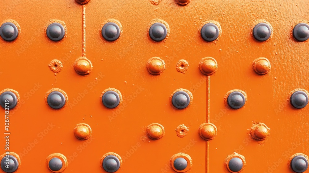 Detailed Close-Up of Textured Orange Metal Surface with Black Rivets and Rust Spots, Perfect for Industrial and Artistic Projects Detailed Close-Up of Textured Orange Metal Surface with Black Rivets and Rust Spots, Perfect for Industrial and Artistic Projects
