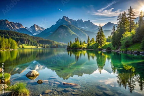 Serene Nature Landscape for Desktop Background with Calm Lake and Mountain Reflections, Perfect for Relaxation and Inspiration, Ideal for 1920x1080 Screen Resolutions photo