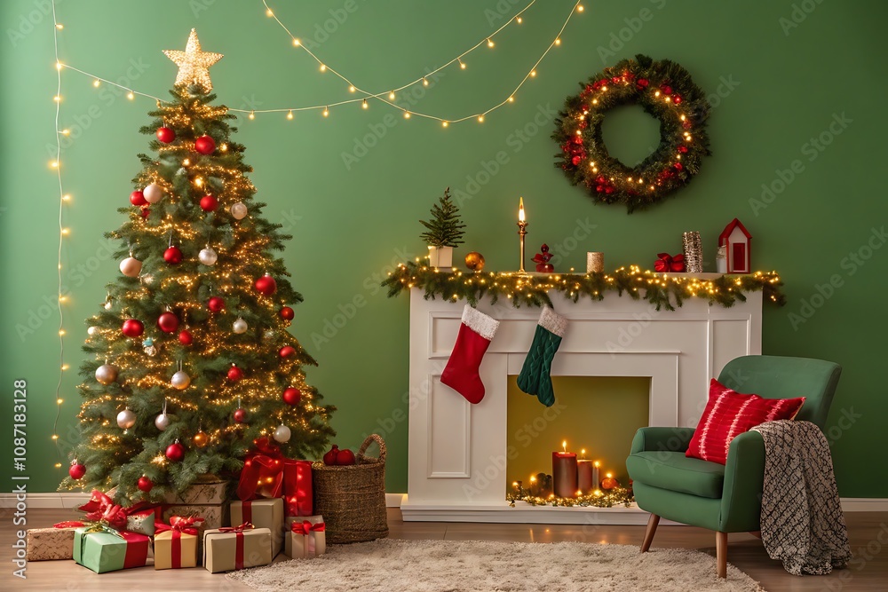 Cozy Christmas Living Room with Decorated Tree and Fireplace Cozy Christmas Living Room with Decorated Tree and Fireplace