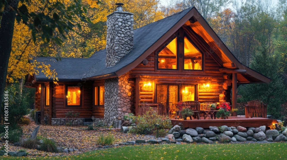 Cozy Log Cabin Surrounded by Autumn Foliage with Warm Lights Brightening the Windows and Inviting Outdoor Seating in a Picturesque Natural Setting Cozy Log Cabin Surrounded by Autumn Foliage with Warm Lights Brightening the Windows and Inviting Outdoor Seating in a Picturesque Natural Setting