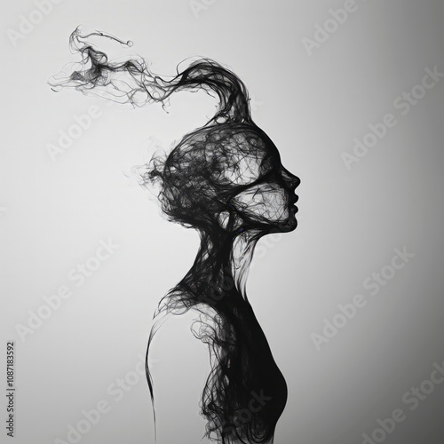 the silhouette of a person, filled with lines, and these are getting together to the inside of the head, art, concept, illustration, depression, - Generative AI photo