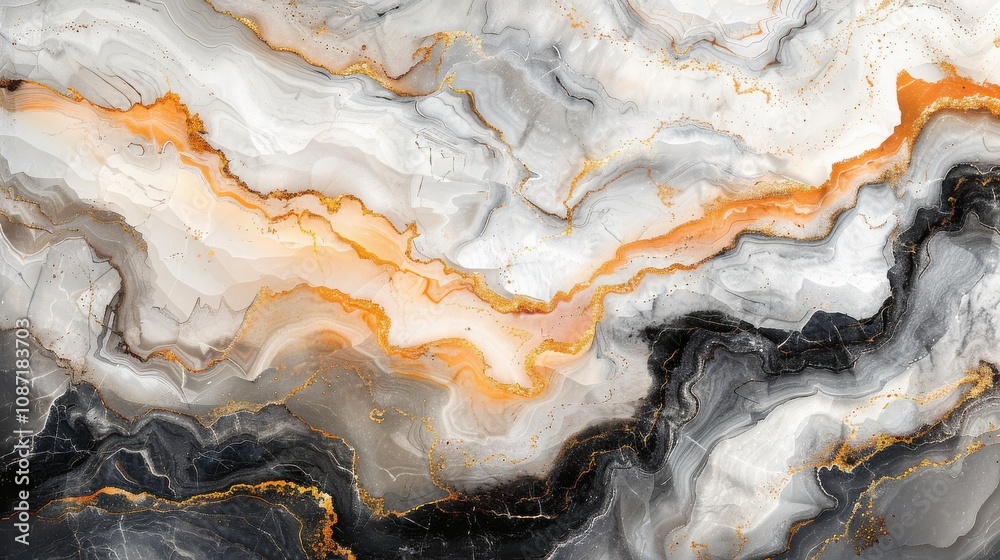 Abstract marble design with gray, black, white, and orange swirling patterns showcasing elegance and modernity Abstract marble design with gray, black, white, and orange swirling patterns showcasing elegance and modernity