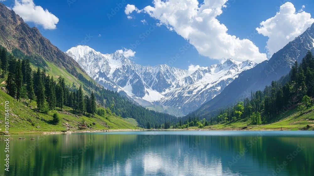 Breathtaking View of Serene Lake Surrounded by Majestic Mountains and Lush Greenery Under a Bright Blue Sky with Fluffy Clouds Breathtaking View of Serene Lake Surrounded by Majestic Mountains and Lush Greenery Under a Bright Blue Sky with Fluffy Clouds