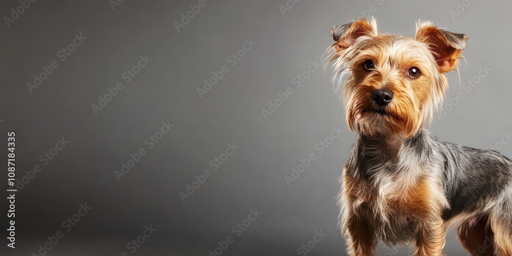 A disheveled dog stands against a gray backdrop, providing plenty of empty space around it, emphasizing the dogs untidy appearance. A disheveled dog stands against a gray backdrop, providing plenty of empty space around it, emphasizing the dogs untidy appearance.