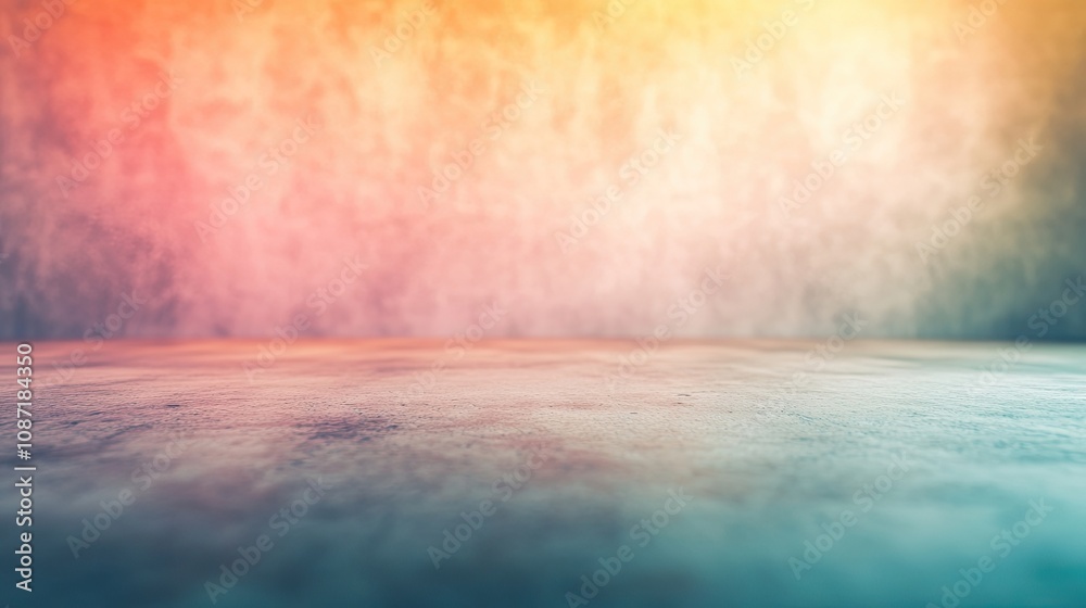 Colorful soft abstract background with a blurred clean concrete floor and warm-toned walls creates an inviting atmosphere. This image provides a visually appealing space with ample copy space.