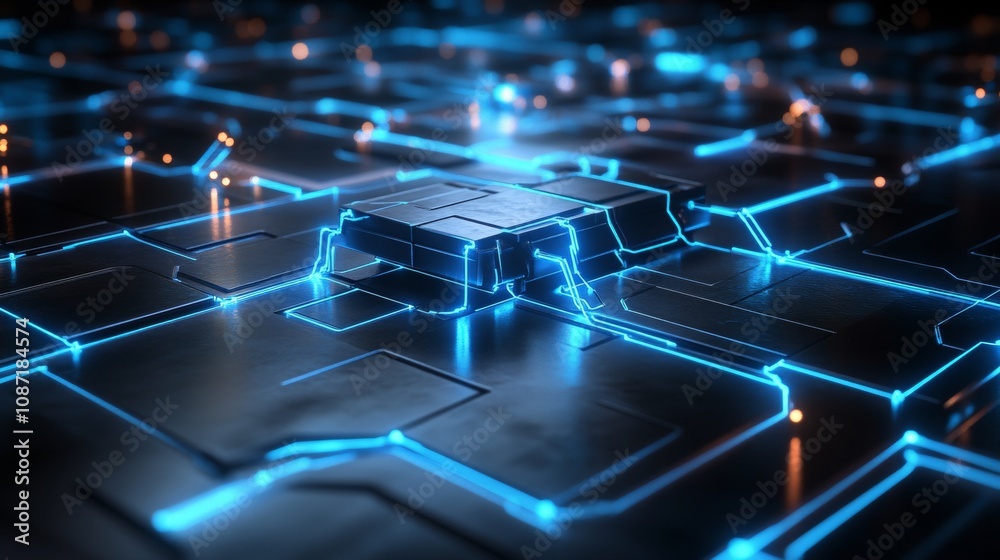Obraz premium Futuristic Blue Network, glowing nodes and lines create abstract geometric shapes against a dark backdrop, evoking high-tech digital connections.