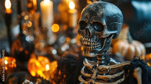 Eerie Halloween skull and skeleton decorations create a spooky atmosphere for a festive party. This image captures the essence of Halloween with ample space for your designs. photo