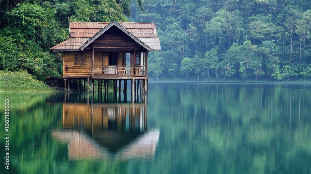 Obraz premium Serene Wooden House on Stilts Reflected in Calm Water Surrounded by Lush Green Trees and Misty Mountain Landscape at Dawn