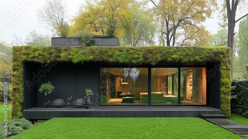 Eco-friendly residence featuring vibrant green walls adorned with moss and a living roof with thriving small trees. photo