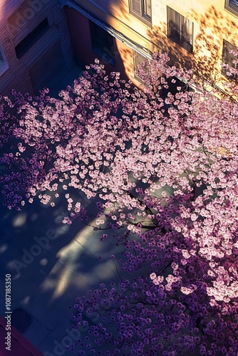 Aerial View of Pink Blossoms Between Buildings photo