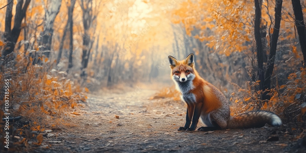 Fototapeta premium A red fox sits next to a woodland path, gazing directly at the camera while trees create a scenic backdrop in the distance. Its a captivating forest moment.