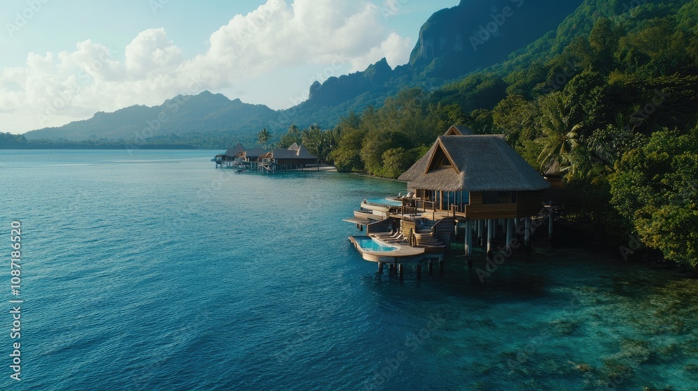 Serene Overwater Bungalows with Tropical Landscape and Crystal Clear Water Surrounded by Lush Mountains at Sunset in a Tropical Paradise
