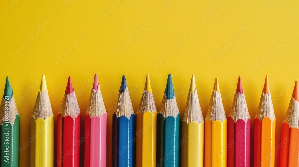 Colorful pencils neatly arranged in a top view create a vibrant back to school concept. This flat lay style image offers ample copy space for various design needs. Horizontal composition. Colorful pencils neatly arranged in a top view create a vibrant back to school concept. This flat lay style image offers ample copy space for various design needs. Horizontal composition.