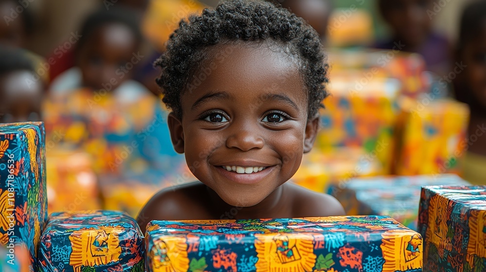 Smiling child surrounded by colorful wrapped gifts in a festive atmosphere Smiling child surrounded by colorful wrapped gifts in a festive atmosphere