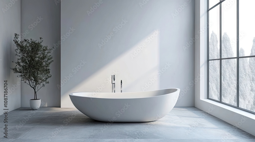 Modern minimalist bathroom designed in white and gray tones, featuring a spacious tub that enhances the elegant aesthetic, complemented by ample copy space for creative use.
