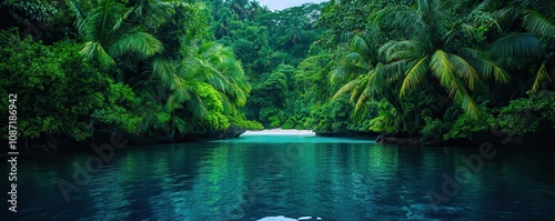 Lush jungle embraces a tranquil waterfront, blending vibrant greenery with serene waters in perfect harmony.