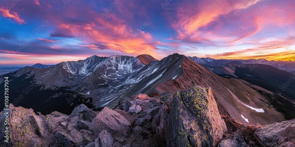 Obraz premium A professional photographer captured a stunning and colorful sunrise lighting up the mountain landscape in an impressive display of natures beauty and brilliance.