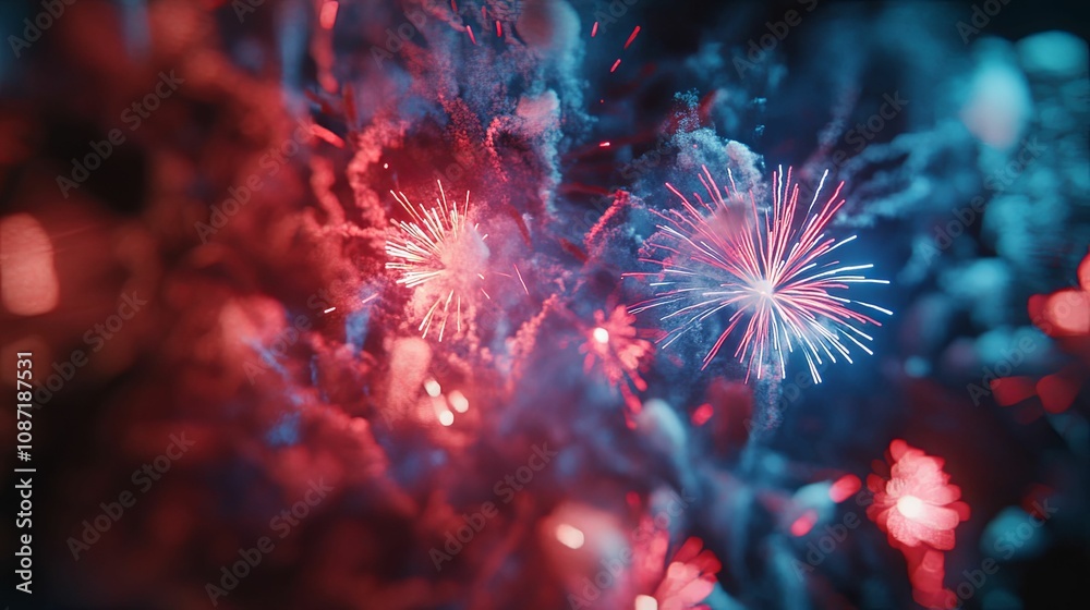 A Festive Display of Red and Blue Fireworks Exploding Against a Night Sky A Festive Display of Red and Blue Fireworks Exploding Against a Night Sky