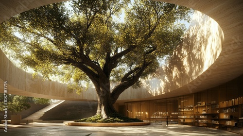 Tree-Centric Museum, an architectural marvel integrating nature with exhibits, featuring a grand tree whose branches extend through the roof photo