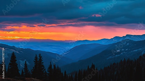 Stunning sunset in the mountains, creating a breathtaking blend of orange and blue skies. Perfect for capturing the serene beauty of sunsets in the mountains with ample copy space.