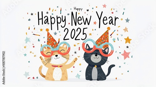 Joyful Cartoon Cat and Dog Wearing Party Hats and 2025 Glasses Posing Happily Under Festive Happy New Year 2025 Text with Colorful Confetti and Twinkling Stars