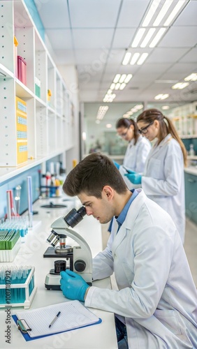 Young scientists conducting research investigations in a medical laboratory, a researcher in the foreground is using a microscope