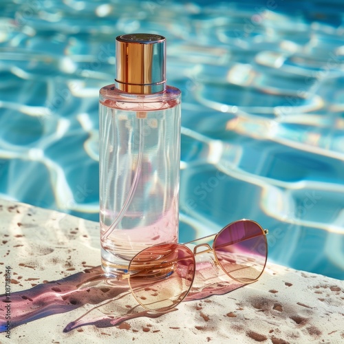 Summer essence in a slender glass perfume bottle, filled with optimism, accompanied by pink sunglasses, poolside vibes enhance the allure photo