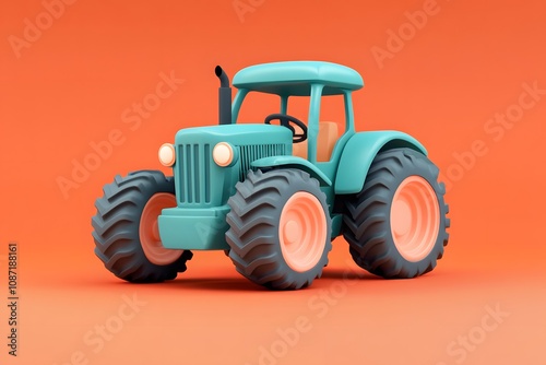 Small colorful toy tractor on light background, shallow depth of field