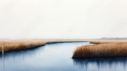   Paint of water with reeds in fg & foggy sky in bkg photo