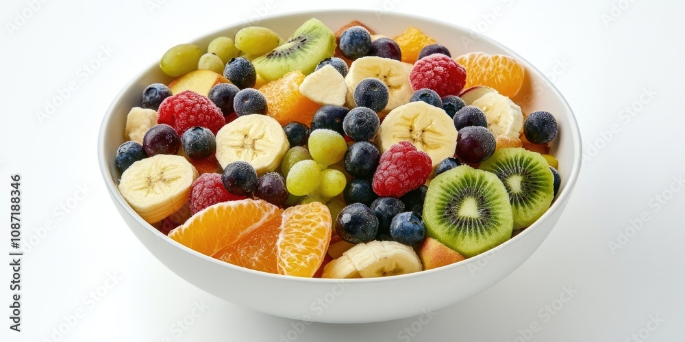 A bowl filled with frozen blueberries, banana slices, green apple pieces, orange, grapes, kiwi, and muesli sits on a white backdrop, highlighting a healthy food concept. A bowl filled with frozen blueberries, banana slices, green apple pieces, orange, grapes, kiwi, and muesli sits on a white backdrop, highlighting a healthy food concept.