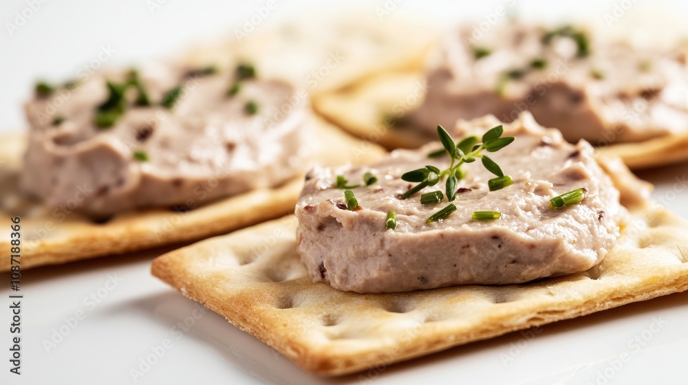 Delicate erved on artisan crackers, sharp white backdrop, [appetizers], [gourmet traditions]