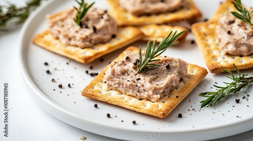 Delicate served on artisan crackers, sharp white backdrop, [appetizers], [gourmet traditions]