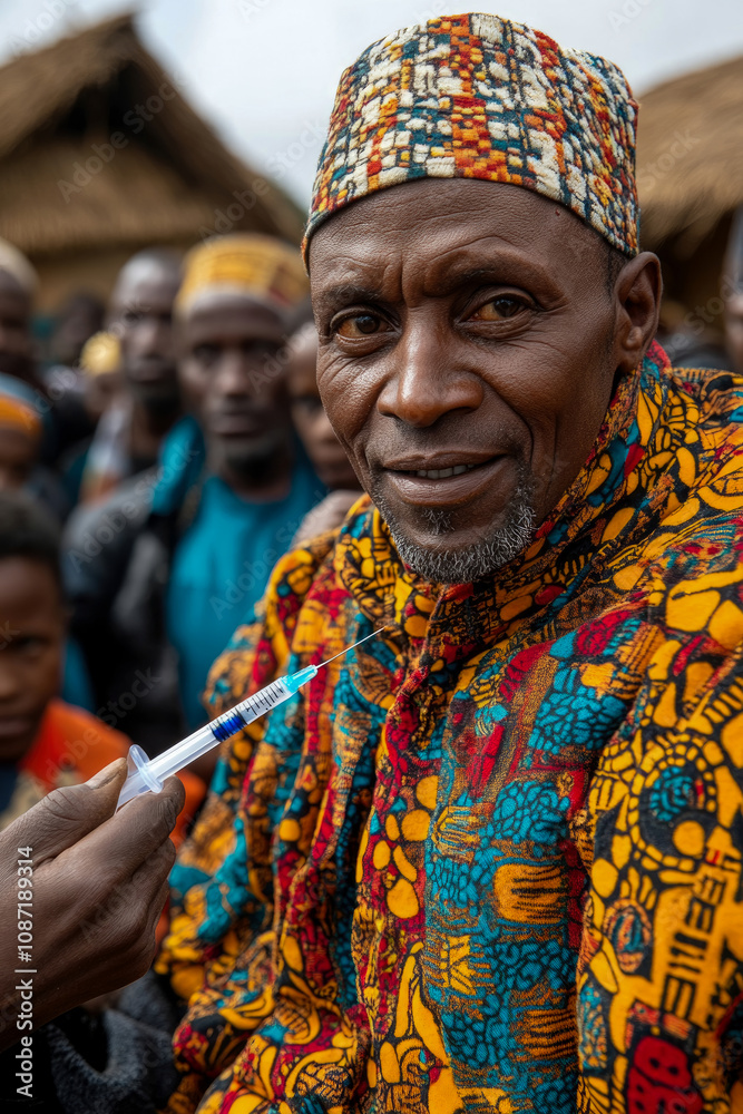 Fototapeta premium An elderly man dressed in a colorful traditional outfit receives a vaccination from a health worker at a busy community health event