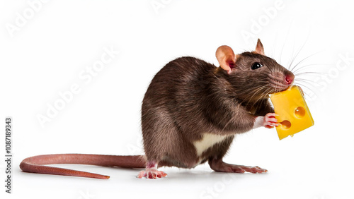A rat with a piece of cheese stands on a white background.