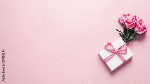  White Gift Box with Pink Ribbon & Single Rose on Pink Background