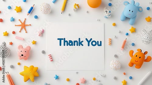 Bright and cheerful handwritten Thank You lettering in a playful vibrant style with vibrant colors on a white canvas background perfect for a kids  thank you card or holiday greeting photo