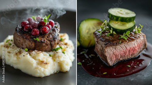 Poronkäristys variations with mashed potatoes, lingonberries, and red wine sauce photo