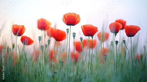   Red flowers in a field surrounded by green grass and a light blue sky