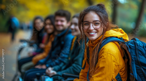 A cheerful group of friends is gathered in a park on a sunny autumn day, sharing laughter and smiles while sitting on their bicycles