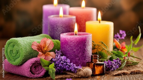  A close-up of candles on a table with towels and an essential oils bottle nearby