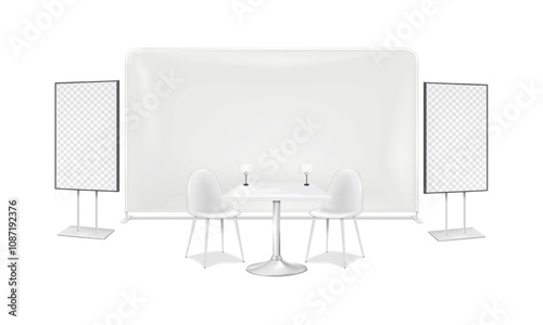 Exhibition set template. Blank white trade show backdrop banner, square table, countertop flyer holders, two chairs, lcd monitor digital display stands. Vector mock-up. Trade show booth mockup kit