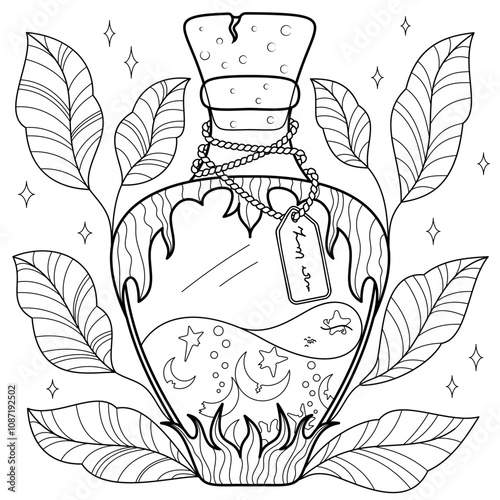 Bottle with broken moons and stars, linear simple vector, anti-stress coloring